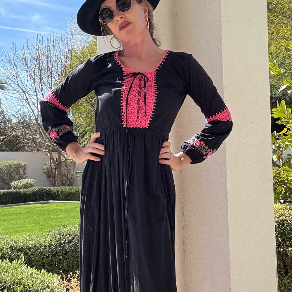 Chasing Unicorns Black and Pink Embroidered Women's Dress